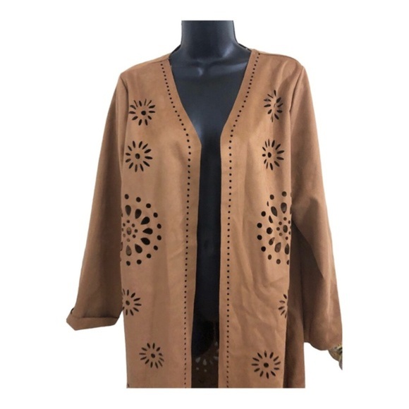 Brown boho laser cut faux suede overcoat topper jacket‎ size large new - Picture 10 of 17
